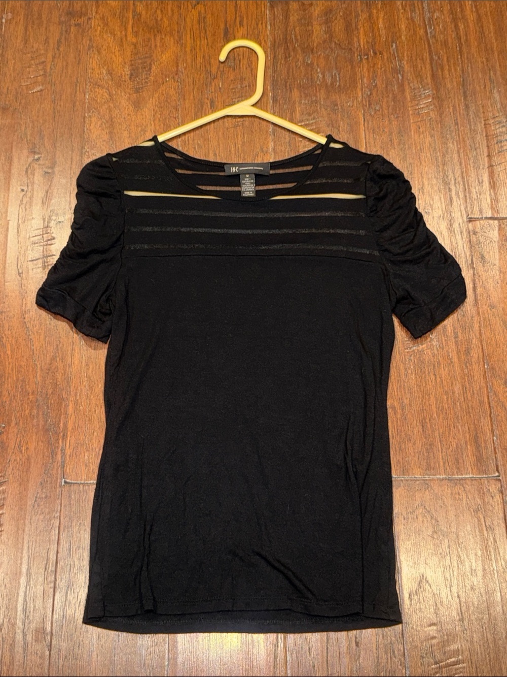 Medium INC Black Short-Sleeve Sheer-Yoke Top